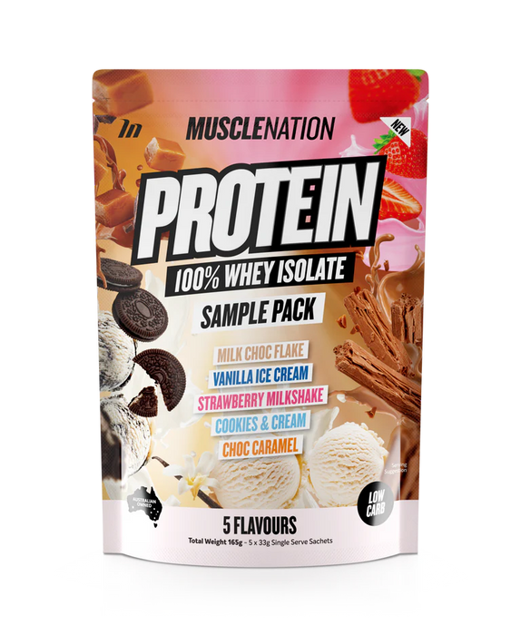 MUSCLE NATION PROTEIN 100% WHEY ISOLATE SAMPLE PACK - NEW 5 serve