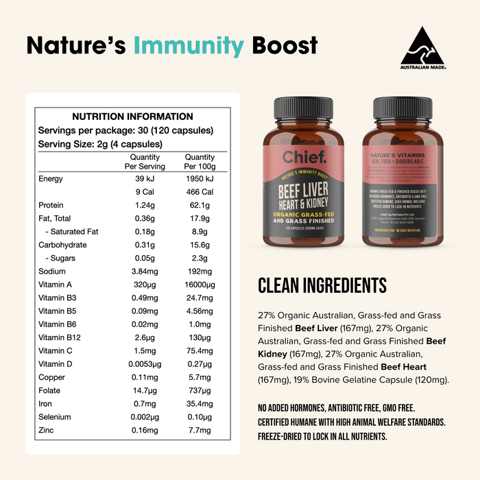 ORGANIC BEEF LIVER, HEART & KIDNEY IMMUNITY BOOST (120 Capsules)