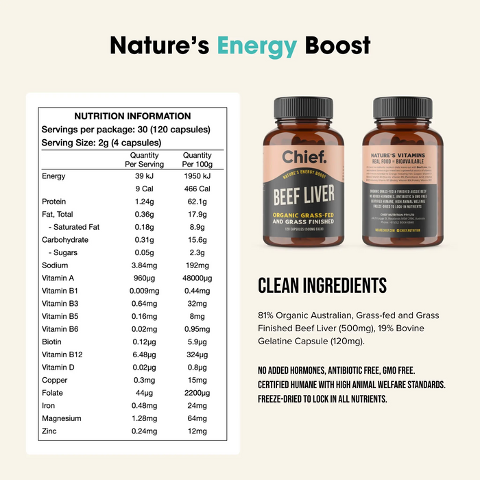 CHIEF ORGANIC BEEF LIVER ENERGY BOOST CAPSULES